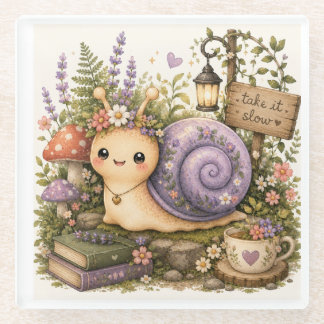 Whimsical Cottagecore-Schnecke Wasserfarben Kunst Glasuntersetzer