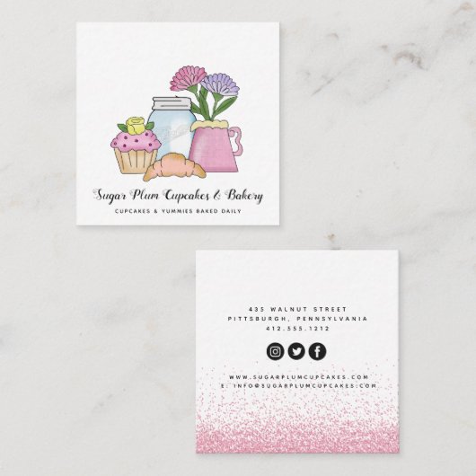 Whimsical Country Cupcakes Bäckerei Business Card Quadratische Visitenkarte (Vorne/Hinten)
