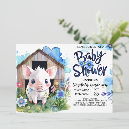 Whimsical Country Farm Blue Baby Shower Einladung (Stehend Vorderseite)