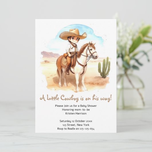 Whimsical Cowboy Adventure Baby Dusche Einladung (Stehend Vorderseite)