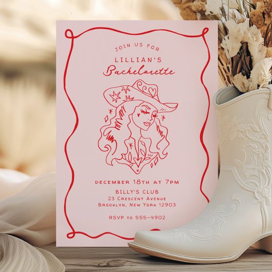 Whimsical Cowgirl Pink Red Bachelorette Party Einladung