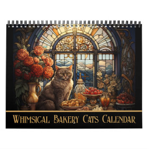 Whimsical Cozy Bäckerei Katzen Glasmalerei Kalender