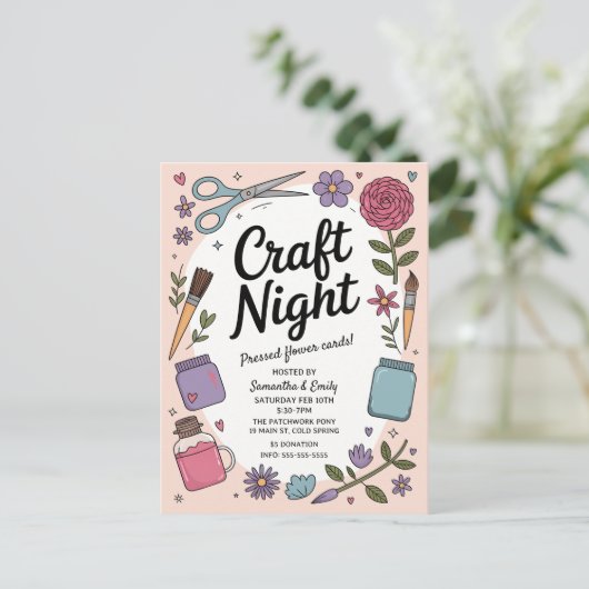 Whimsical Craft Night Fun Scissors Paint Flowers Postkarte (Stehend Vorderseite)