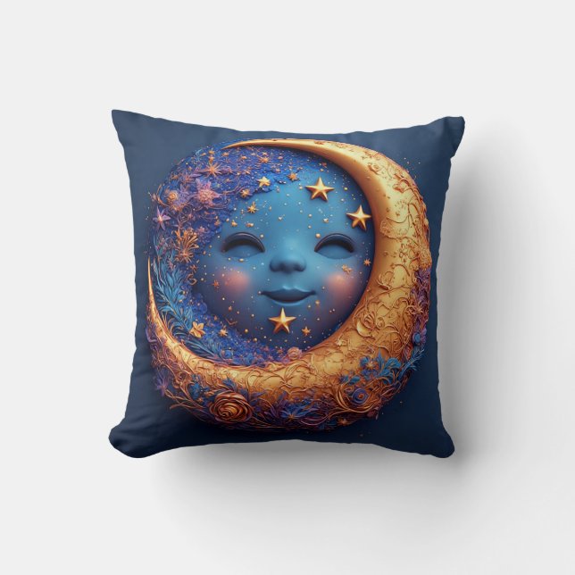 Whimsical Crescent Moon mit einem lächelnden Gesic Kissen (Vorderseite)