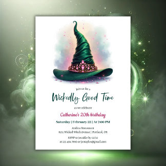 Whimsical Crown & Green Hexenhut Geburtstag Einladung