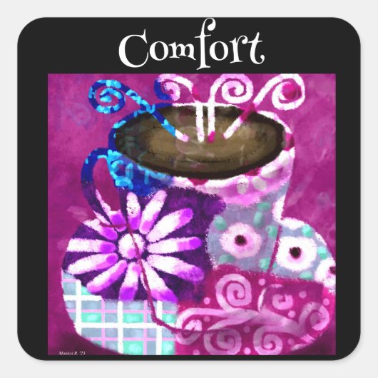 Whimsical Cup Coffee Abstrakt Painting Lila Quadratischer Aufkleber (Vorderseite)