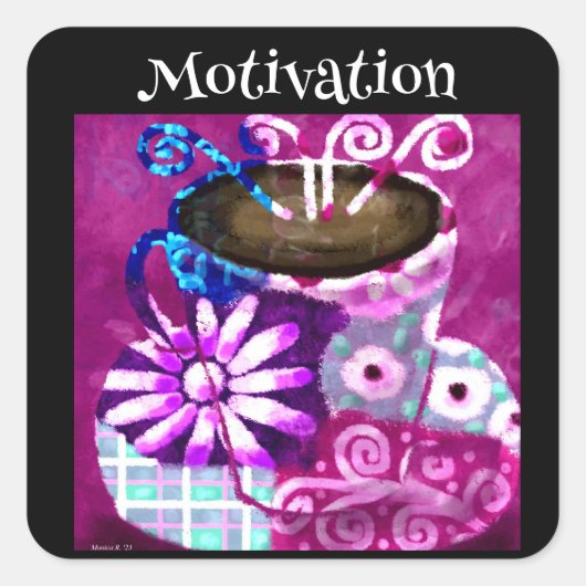 Whimsical Cup Coffee Abstrakt Painting Lila Quadratischer Aufkleber (Vorderseite)