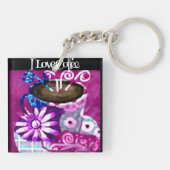 Whimsical Cup Coffee Abstrakt Painting Lila Schlüsselanhänger (Rückseite)