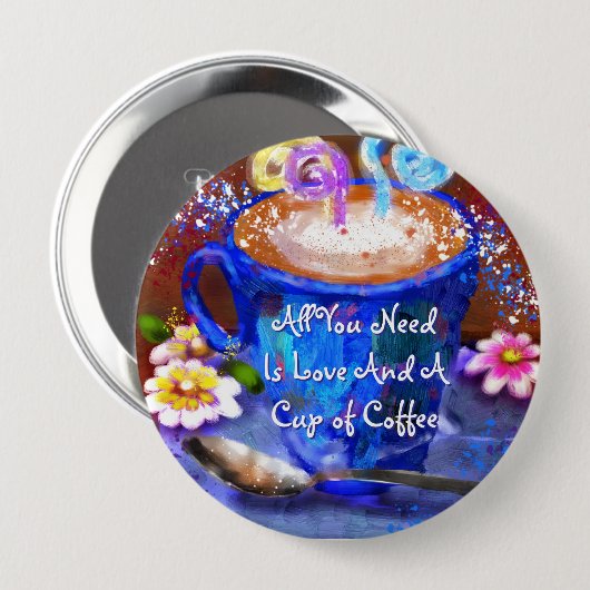 Whimsical Cup of Coffee Floral Personalized Button (Vorne & Hinten)