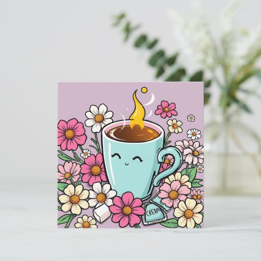 Whimsical Cup of Warm Coffee and Blume (Stehend Vorderseite)