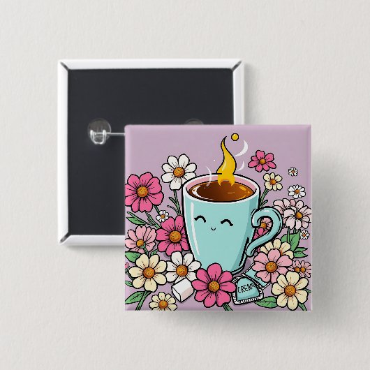 Whimsical Cup of Warm Coffee and Blume Button (Vorne & Hinten)