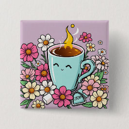 Whimsical Cup of Warm Coffee and Blume Button