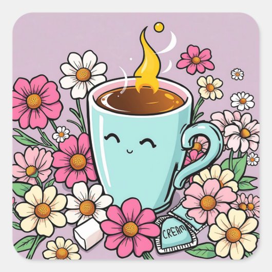 Whimsical Cup of Warm Coffee and Blume Quadratischer Aufkleber (Vorderseite)