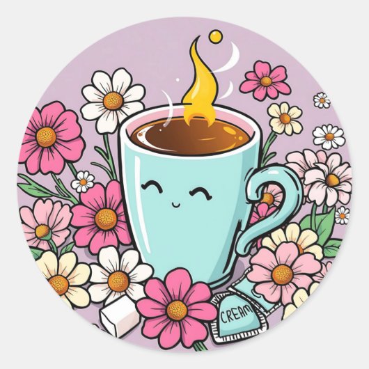 Whimsical Cup of Warm Coffee and Blume Runder Aufkleber (Vorderseite)