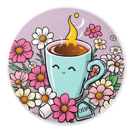 Whimsical Cup of Warm Coffee and Flowers Keramikknauf (Vorderseite)