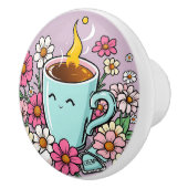 Whimsical Cup of Warm Coffee and Flowers Keramikknauf (Rechts)