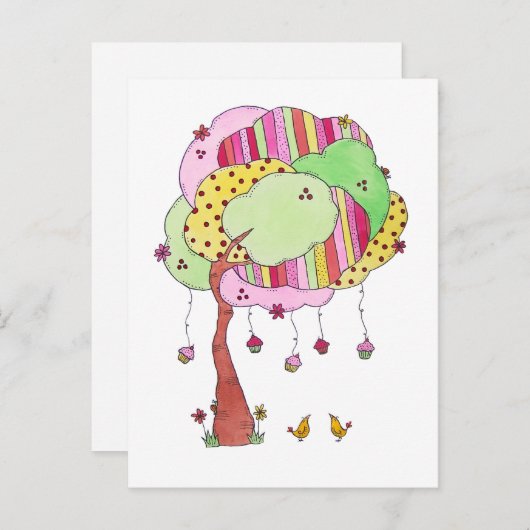 Whimsical Cupcake Tree with Sweet Birds Wassercolo Postkarte (Vorne/Hinten)