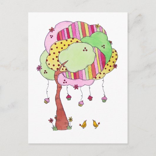 Whimsical Cupcake Tree with Sweet Birds Wassercolo Postkarte (Vorderseite)
