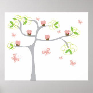Whimsical Cupcakes Tree Butterflies Sweet Birthday Poster