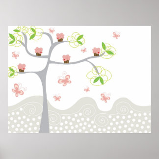 Whimsical Cupcakes Tree Butterflies Sweet Birthday Poster