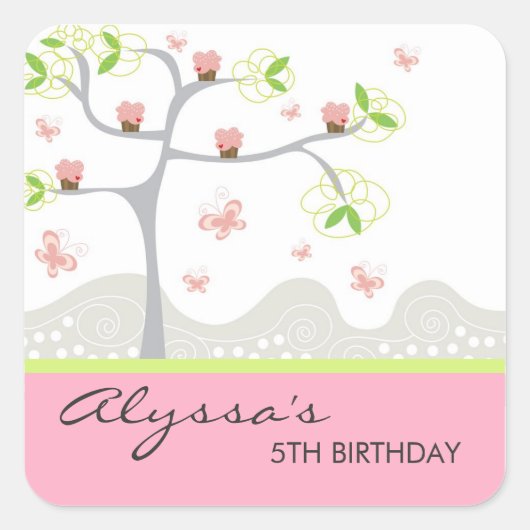 Whimsical Cupcakes Tree Butterflies Sweet Birthday Quadratischer Aufkleber (Vorderseite)