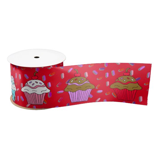 Whimsical Cupcakes und rote und lila Sprinklen Satinband (Spule)