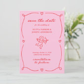 Whimsical Cupid | Pink and Red Photo and QR Code Save The Date (Stehend Vorderseite)