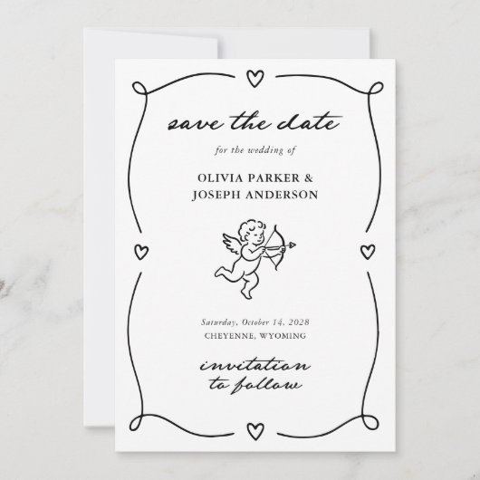 Whimsical Cupid | Romantic Photo and QR Code Save The Date (Vorderseite)