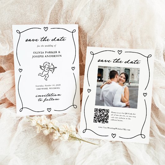 Whimsical Cupid | Romantisches Foto und QR-Code Save The Date