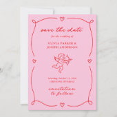 Whimsical Cupid | Rosa und rotes Foto und QR-Code Save The Date (Vorderseite)