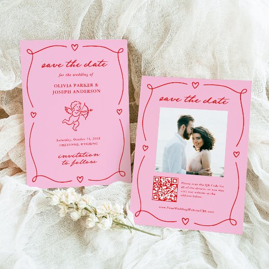 Whimsical Cupid | Rosa und rotes Foto und QR-Code Save The Date