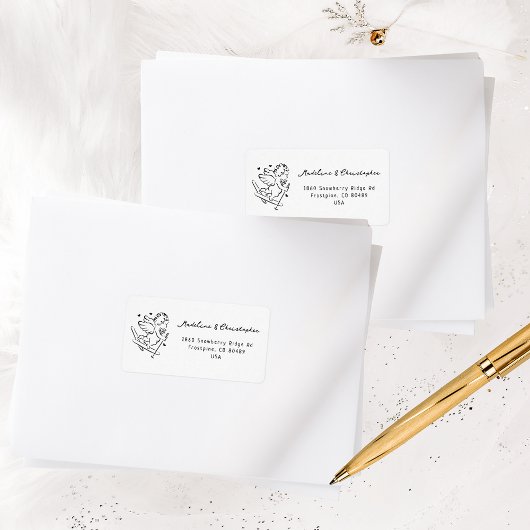 Whimsical Cupid Ski Winter Hochzeit Rücksendeadres Adressaufkleber