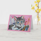 Whimsical Cupid Tabby Kitty Cat Wasserfarbe Kunst Karte (Gelbe Blume)