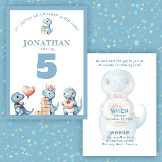 Whimsical Custom Blue Dinosaur Birthday Invitation Einladung