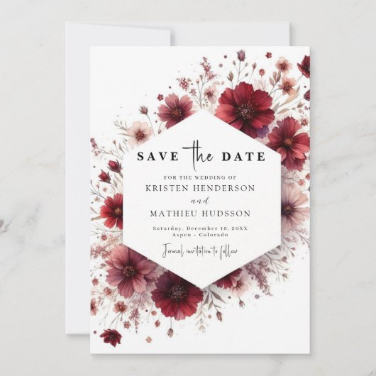 Whimsical Custom Burgundy Wedding Save The Date (Vorderseite)