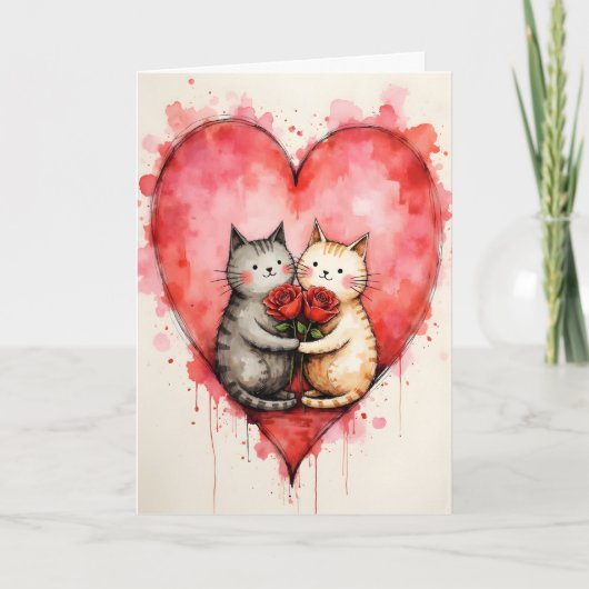Whimsical Cute Cats Valentine Hearts and Red Roses Karte (Vorderseite)