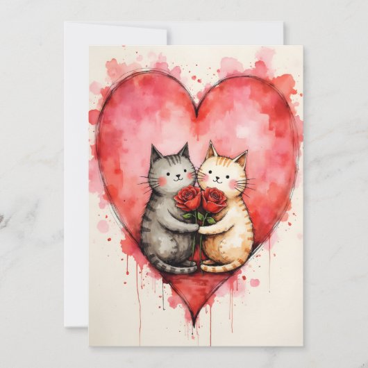 Whimsical Cute Cats Valentine Hearts and Red Roses Karte (Vorderseite)