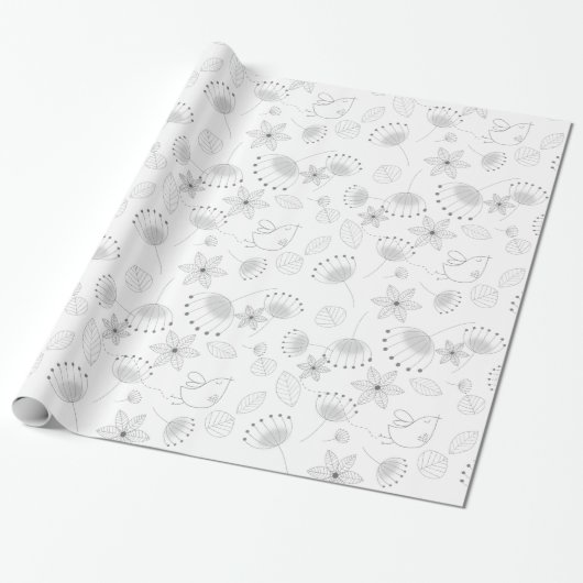 Whimsical Cute Floral and Bird Pattern on White Geschenkpapier (Ungerollt)