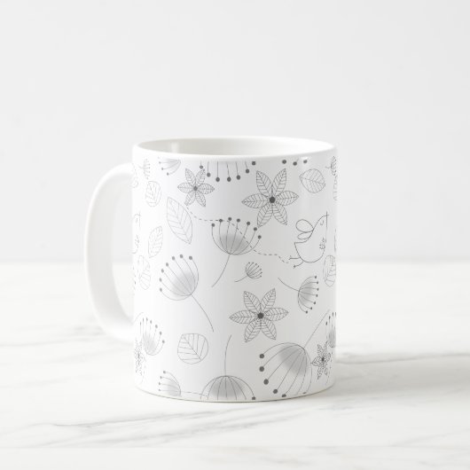 Whimsical Cute Floral and Bird Pattern on White Kaffeetasse (Vorderseite Links)