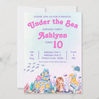 Whimsical Cute Girl Under the Sea Mermaid Birthday Einladung