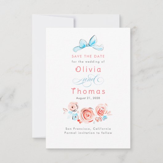 Whimsical Cute Pastel Flowers Bow Save the Date (Vorderseite)