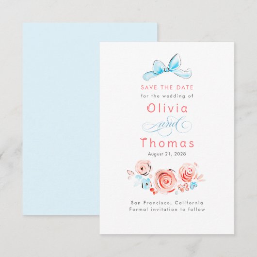 Whimsical Cute Pastel Flowers Bow Save the Date (Vorne/Hinten)