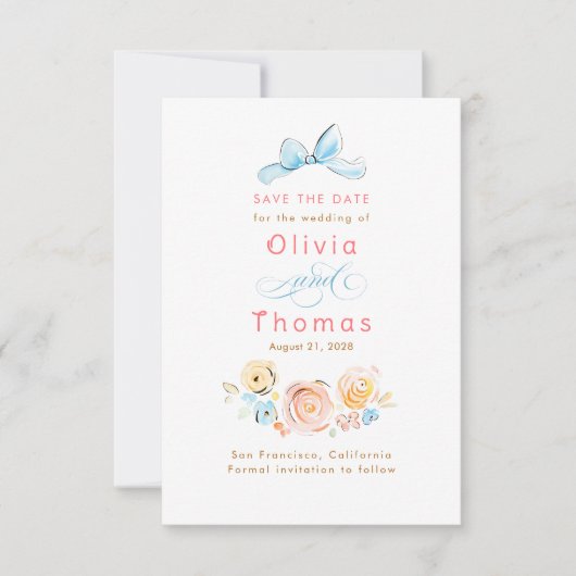Whimsical Cute Pastel Flowers Bow Save the Date (Vorderseite)