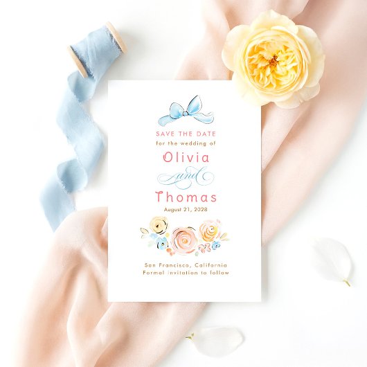 Whimsical Cute Pastel Flowers Bow Save the Date