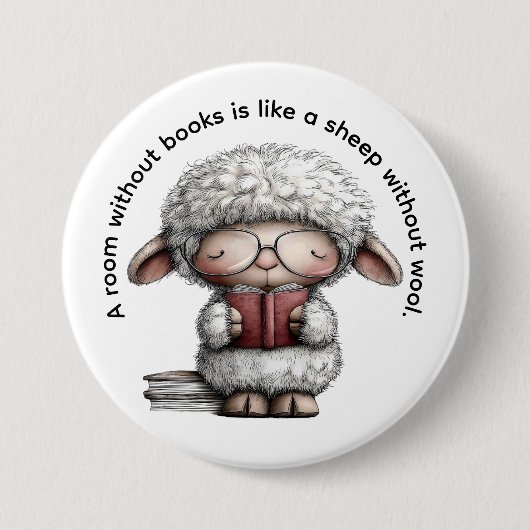 Whimsical Cute Sheep Reading a Book Button (Vorderseite)