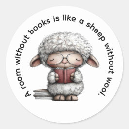 Whimsical Cute Sheep Reading a Book Runder Aufkleber