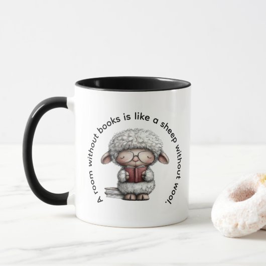 Whimsical Cute Sheep Reading a Book Tasse (Mit Donut)