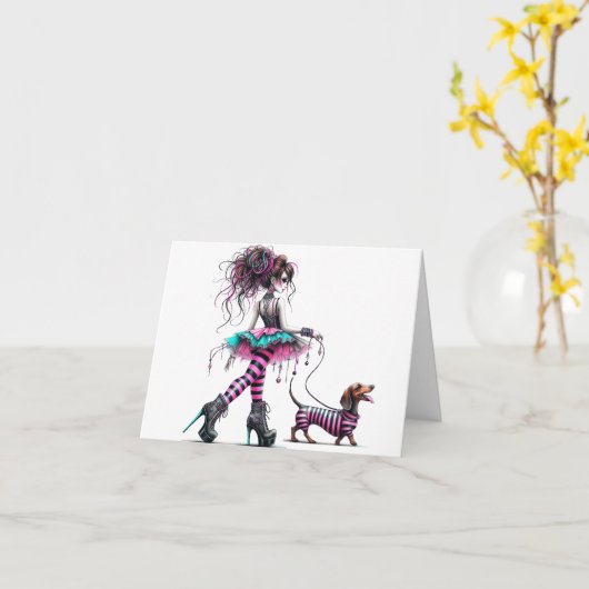 Whimsical Dackel Gothic Style Karte (Gelbe Blume)