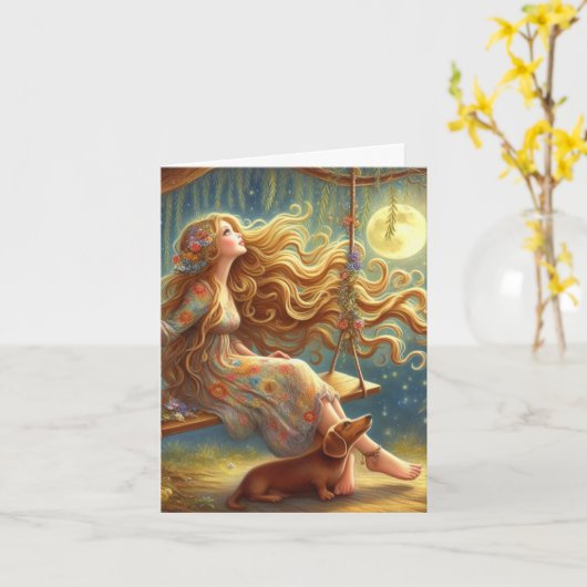 Whimsical Dackel und Girl herunterladbar Karte (Gelbe Blume)