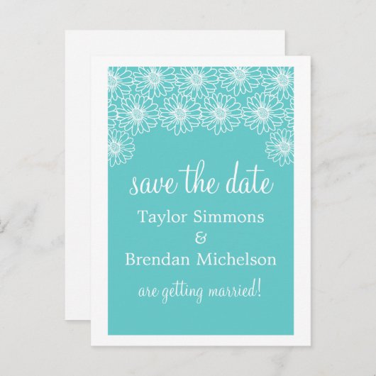 Whimsical Daisies Save the Date Postcard, Aqua Ankündigungspostkarte (Vorne/Hinten)